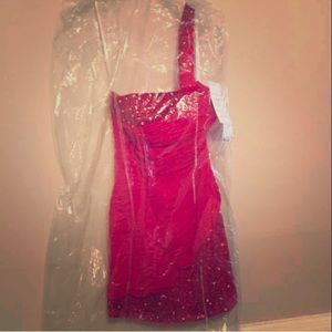 NWT red Tony Bowls crystal / Rhinestone accented dress w extra slimming ruching